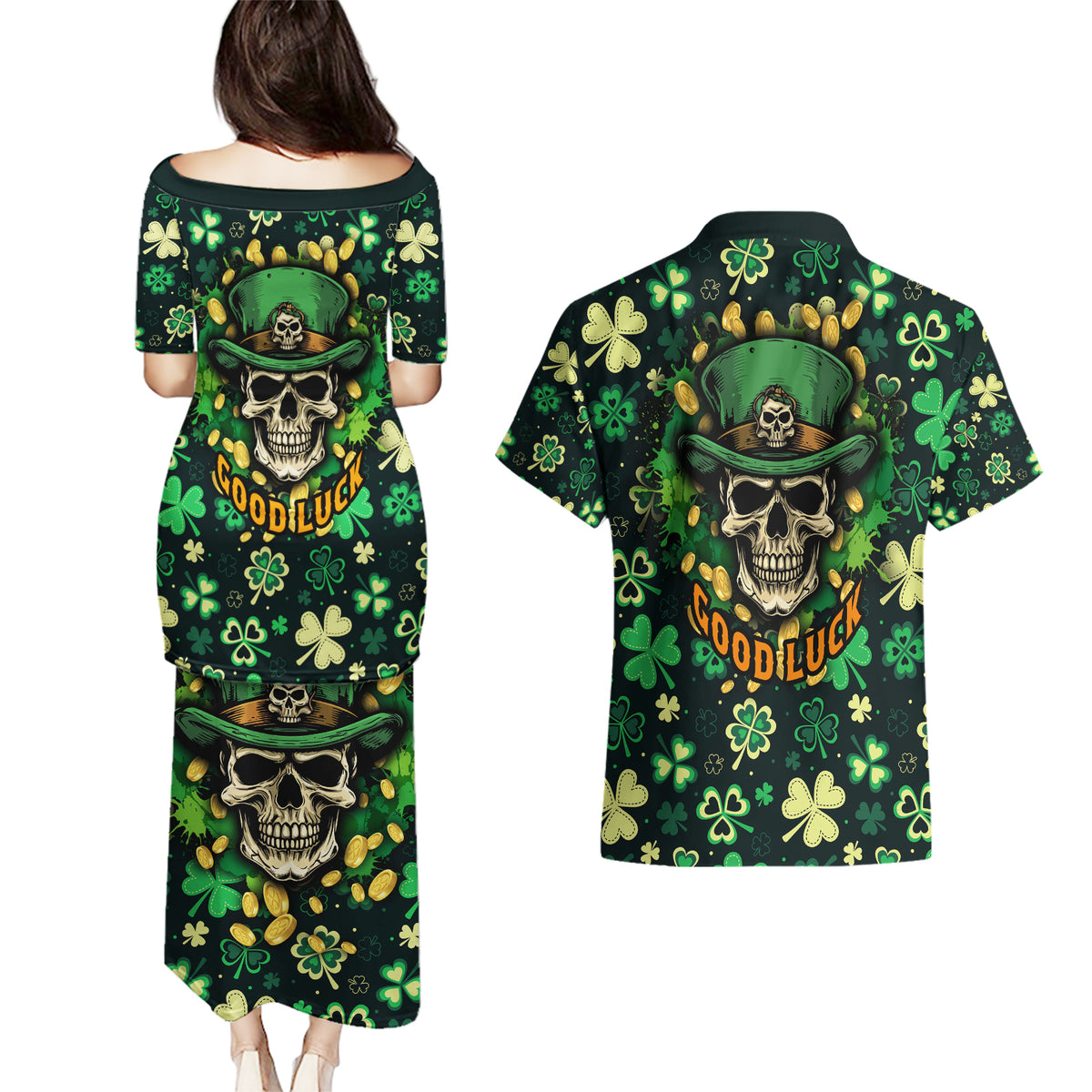 Skull and Shamrock Leaf Pattern Couples Matching Puletasi Dress and Hawaiian Shirt Good Luck - Wonder Print Shop