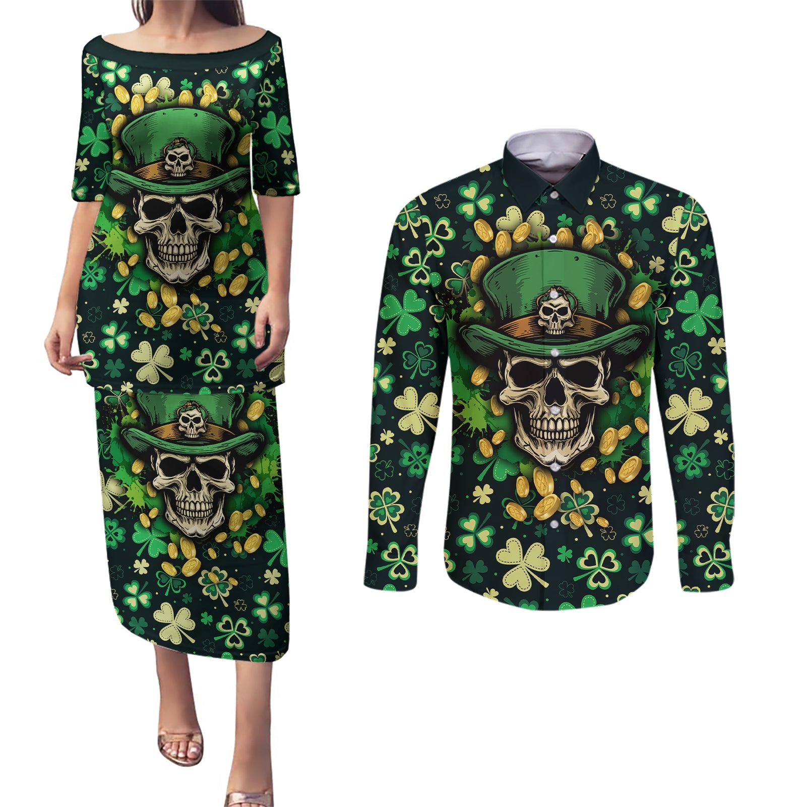 Skull and Shamrock Leaf Pattern Couples Matching Puletasi Dress and Long Sleeve Button Shirts Good Luck - Wonder Print Shop
