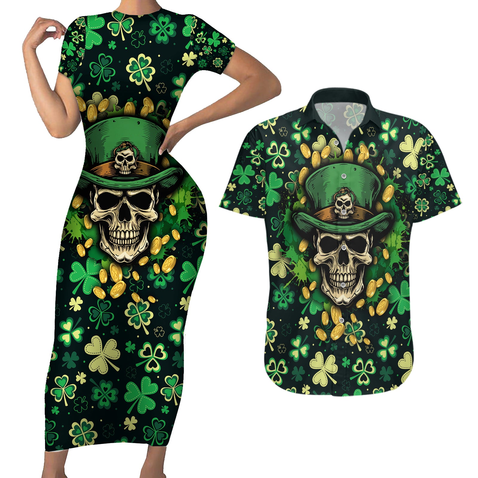 Skull and Shamrock Leaf Pattern Couples Matching Short Sleeve Bodycon Dress and Hawaiian Shirt Good Luck - Wonder Print Shop