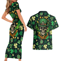 Skull and Shamrock Leaf Pattern Couples Matching Short Sleeve Bodycon Dress and Hawaiian Shirt Good Luck - Wonder Print Shop