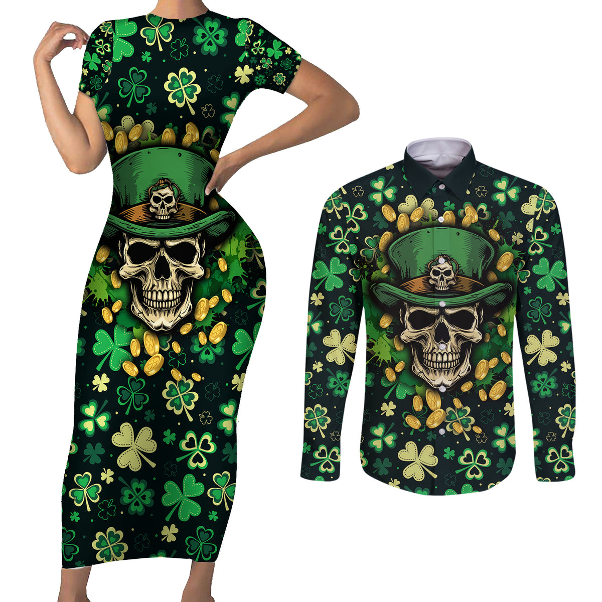 Skull and Shamrock Leaf Pattern Couples Matching Short Sleeve Bodycon Dress and Long Sleeve Button Shirts Good Luck - Wonder Print Shop