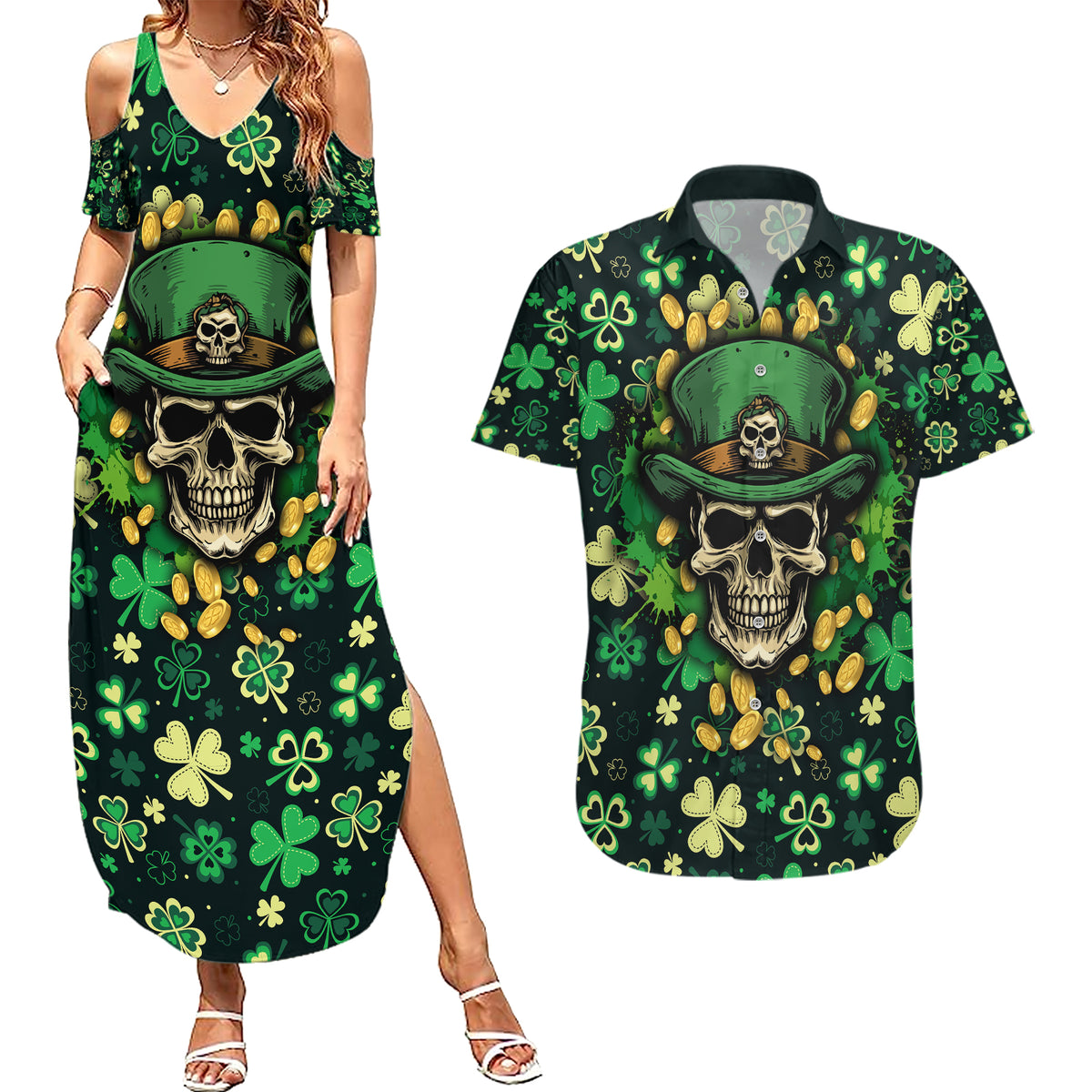 Skull and Shamrock Leaf Pattern Couples Matching Summer Maxi Dress and Hawaiian Shirt Good Luck - Wonder Print Shop