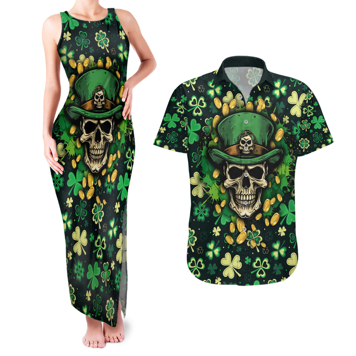 Skull and Shamrock Leaf Pattern Couples Matching Tank Maxi Dress and Hawaiian Shirt Good Luck - Wonder Print Shop