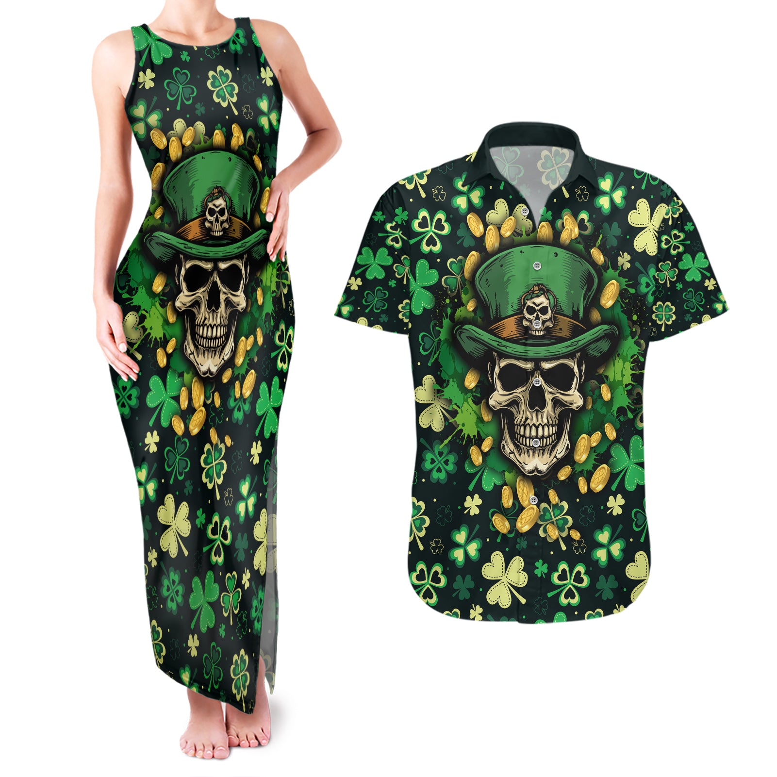 Skull and Shamrock Leaf Pattern Couples Matching Tank Maxi Dress and Hawaiian Shirt Good Luck - Wonder Print Shop