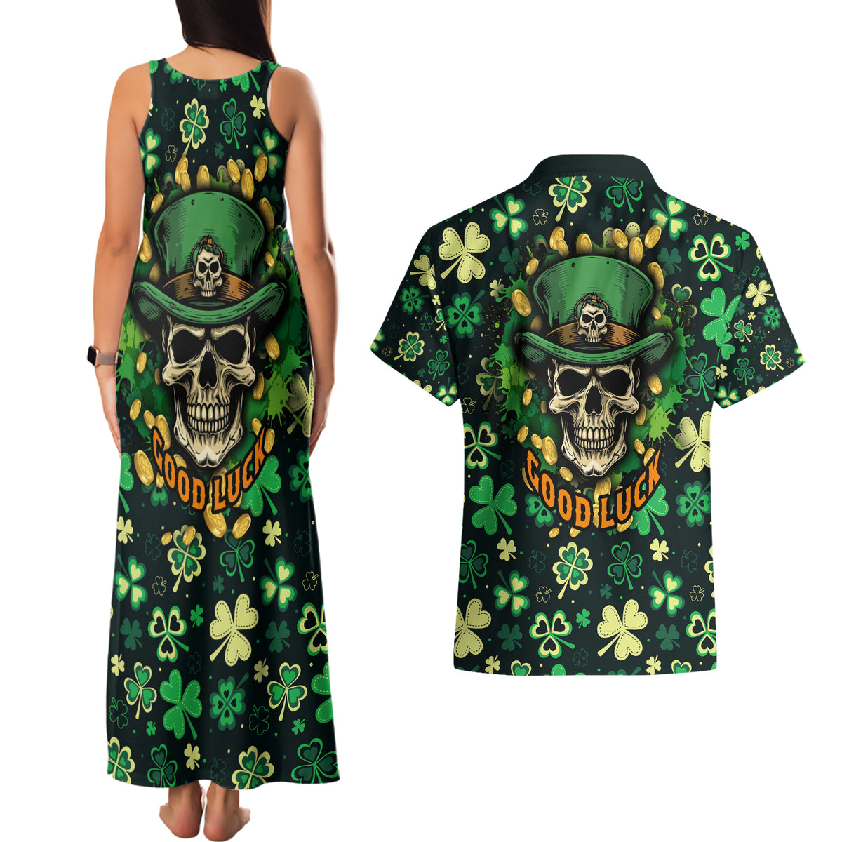 Skull and Shamrock Leaf Pattern Couples Matching Tank Maxi Dress and Hawaiian Shirt Good Luck - Wonder Print Shop