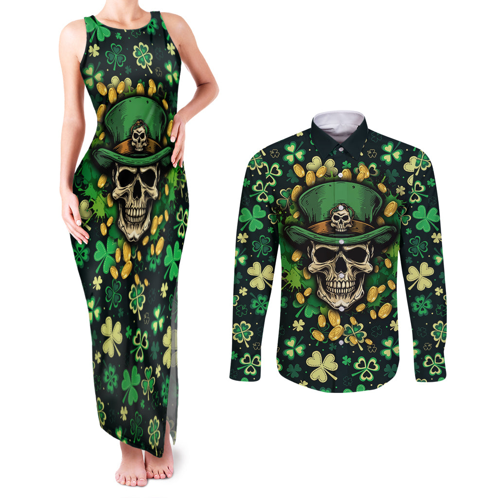 Skull and Shamrock Leaf Pattern Couples Matching Tank Maxi Dress and Long Sleeve Button Shirts Good Luck - Wonder Print Shop