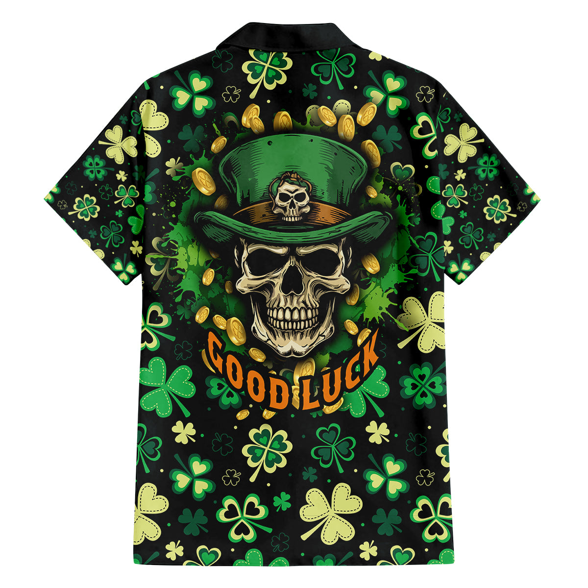 Skull and Shamrock Leaf Pattern Family Matching Off Shoulder Long Sleeve Dress and Hawaiian Shirt Good Luck - Wonder Print Shop