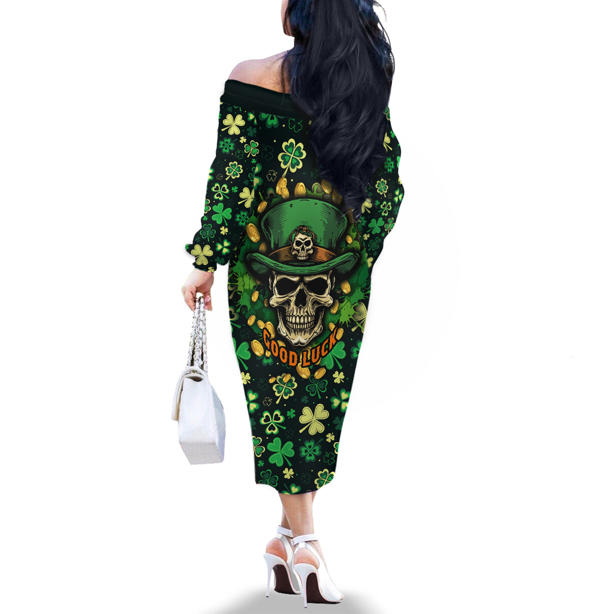 Skull and Shamrock Leaf Pattern Family Matching Off Shoulder Long Sleeve Dress and Hawaiian Shirt Good Luck - Wonder Print Shop