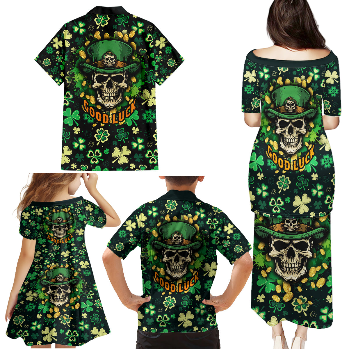 Skull and Shamrock Leaf Pattern Family Matching Puletasi Dress and Hawaiian Shirt Good Luck - Wonder Print Shop