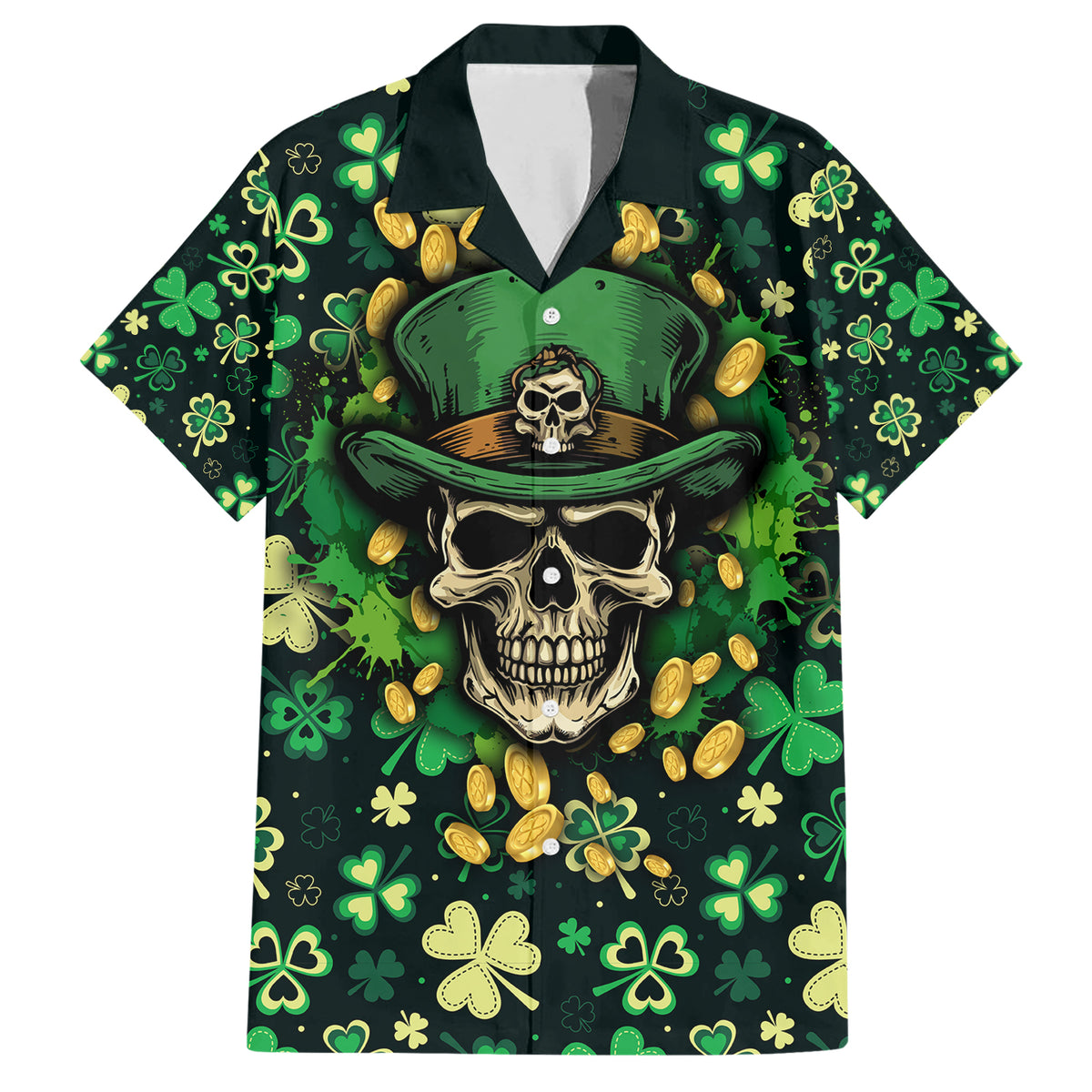 Skull and Shamrock Leaf Pattern Family Matching Short Sleeve Bodycon Dress and Hawaiian Shirt Good Luck - Wonder Print Shop