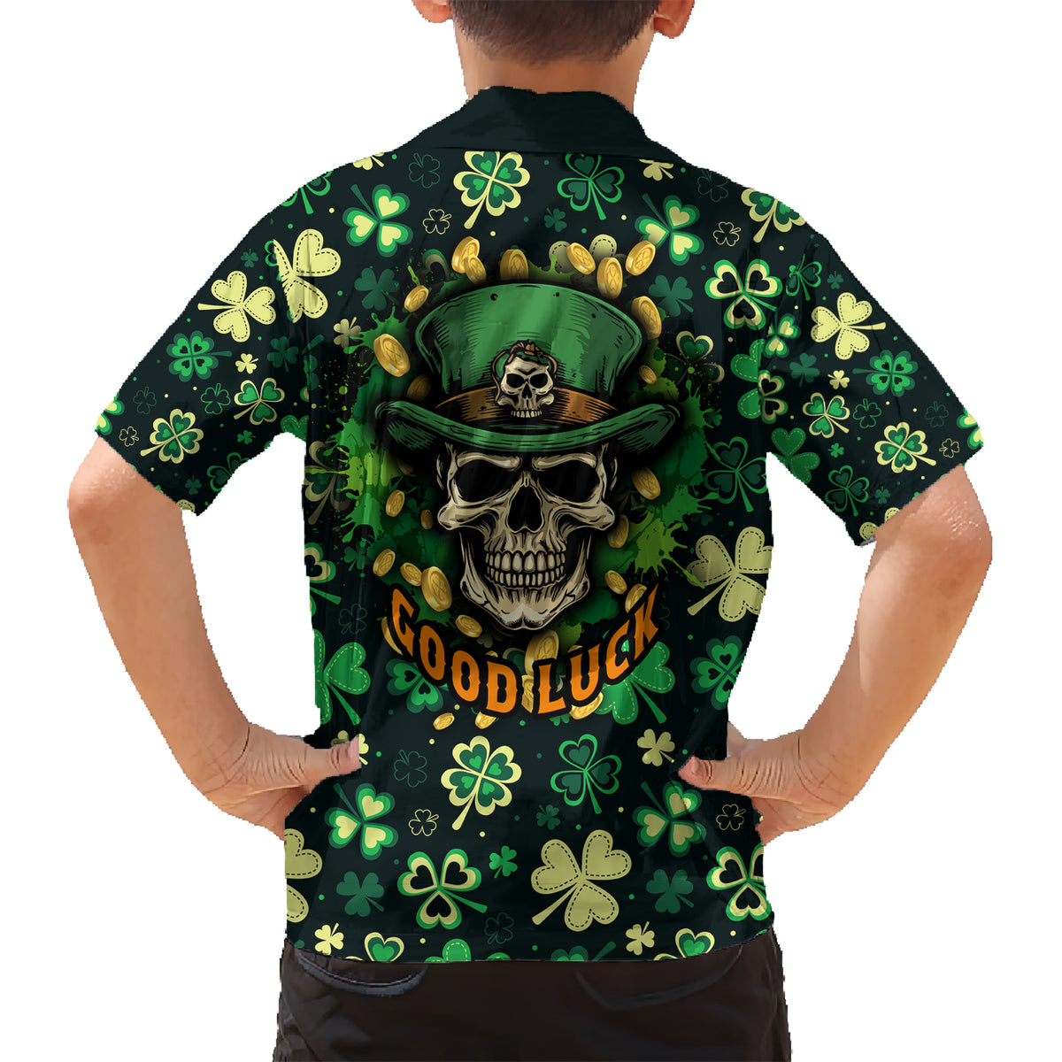 Skull and Shamrock Leaf Pattern Kid Hawaiian Shirt Good Luck - Wonder Print Shop