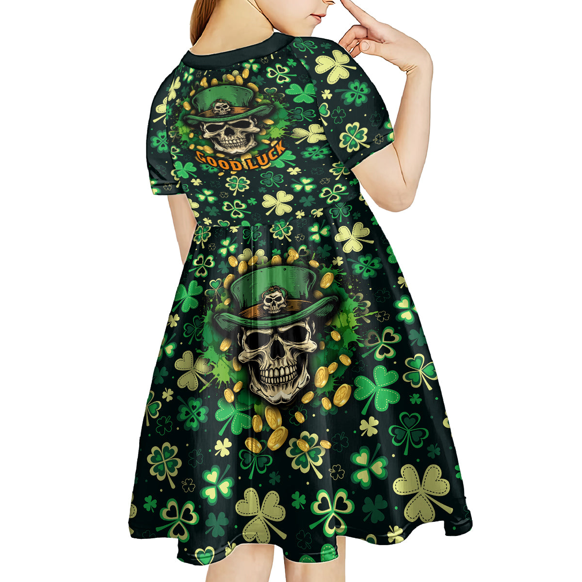 Skull and Shamrock Leaf Pattern Kid Short Sleeve Dress Good Luck - Wonder Print Shop