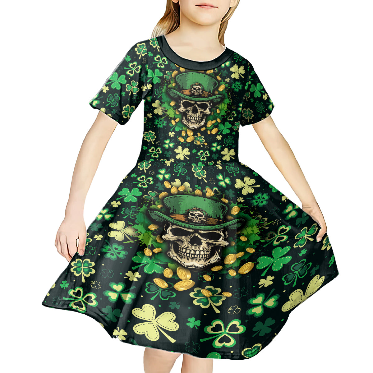 Skull and Shamrock Leaf Pattern Kid Short Sleeve Dress Good Luck - Wonder Print Shop