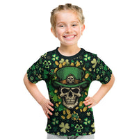 Skull and Shamrock Leaf Pattern Kid T Shirt Good Luck - Wonder Print Shop