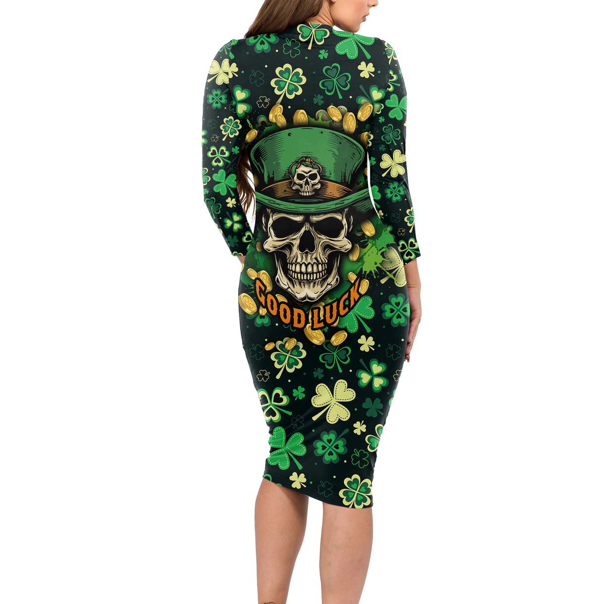 Skull and Shamrock Leaf Pattern Long Sleeve Bodycon Dress Good Luck - Wonder Print Shop