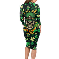 Skull and Shamrock Leaf Pattern Long Sleeve Bodycon Dress Good Luck - Wonder Print Shop