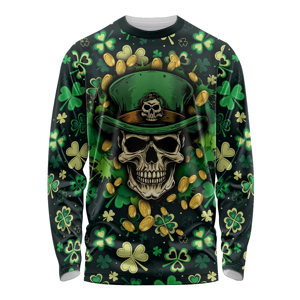 Skull and Shamrock Leaf Pattern Long Sleeve Shirt Good Luck - Wonder Print Shop