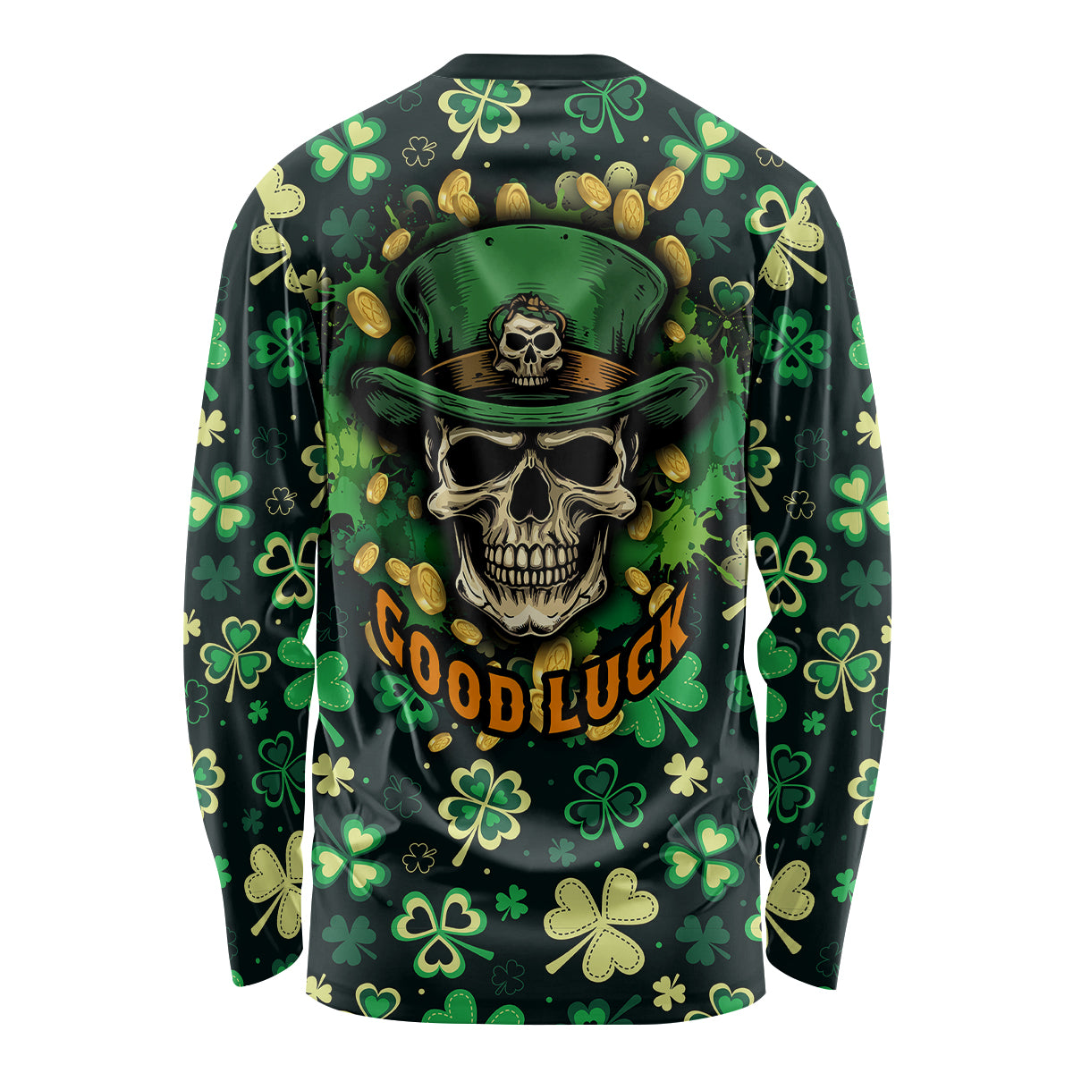 Skull and Shamrock Leaf Pattern Long Sleeve Shirt Good Luck - Wonder Print Shop