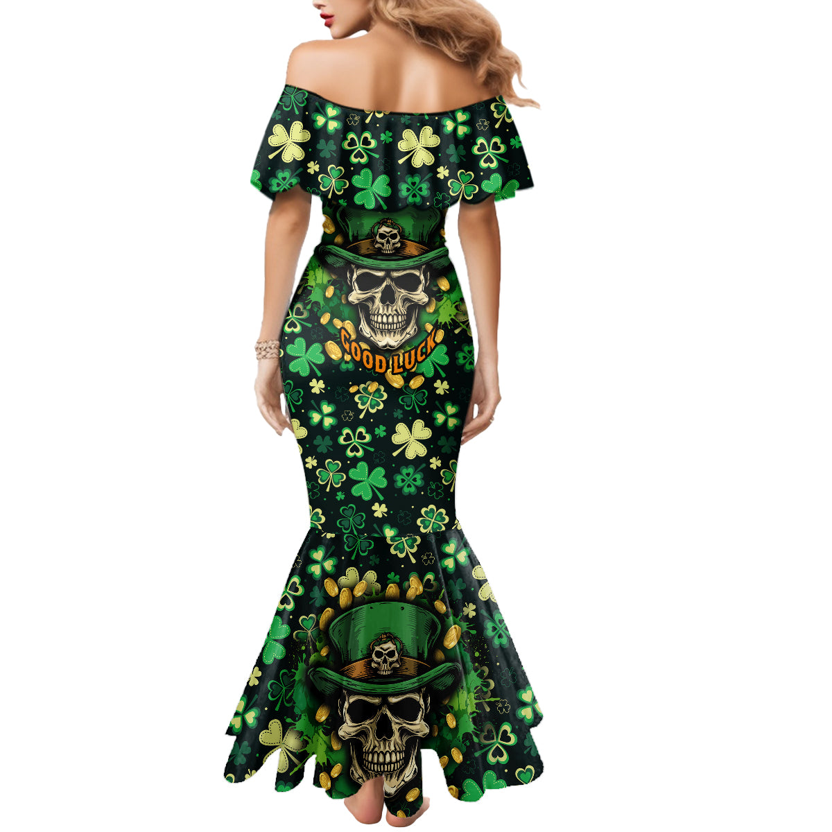 Skull and Shamrock Leaf Pattern Mermaid Dress Good Luck - Wonder Print Shop