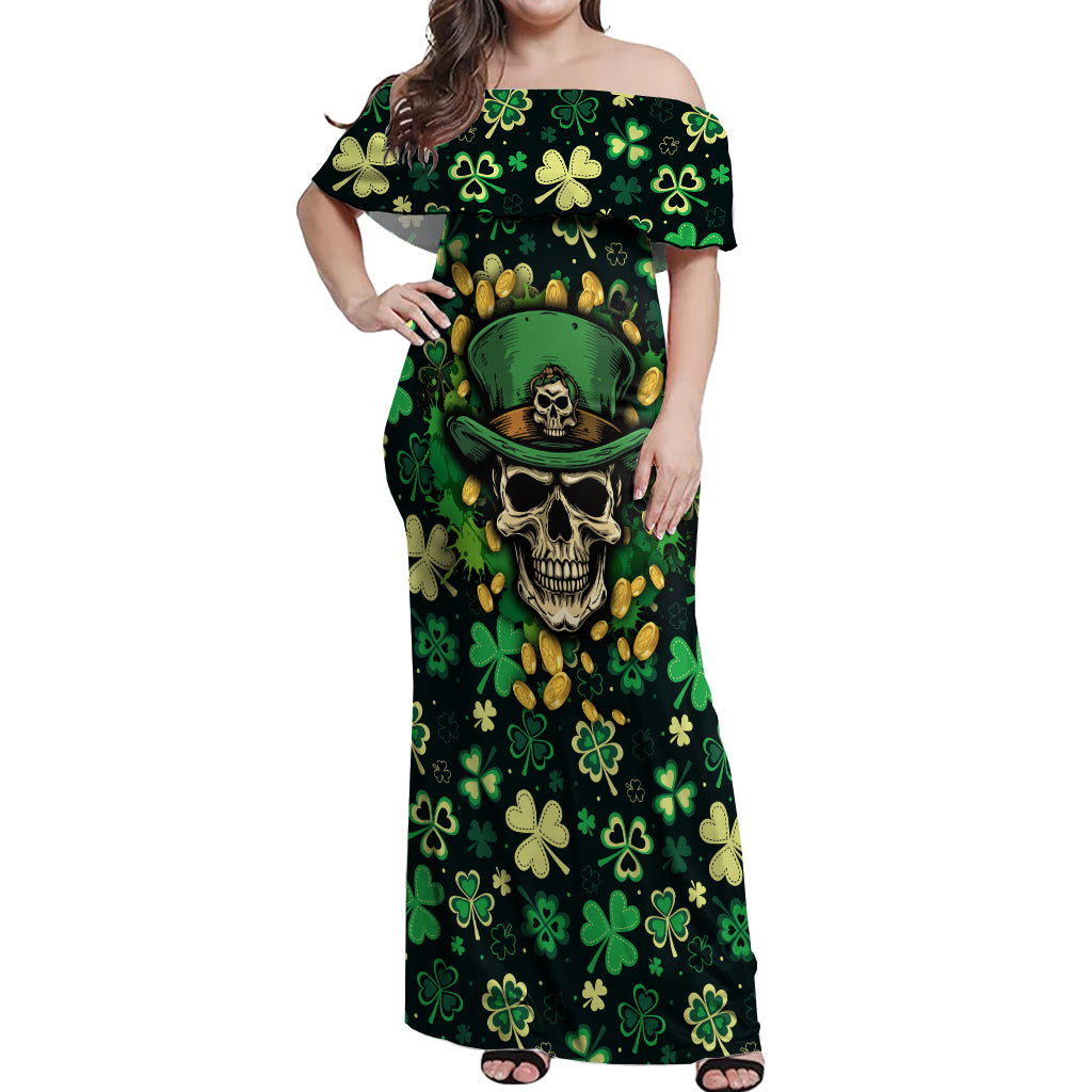 Skull and Shamrock Leaf Pattern Off Shoulder Maxi Dress Good Luck - Wonder Print Shop