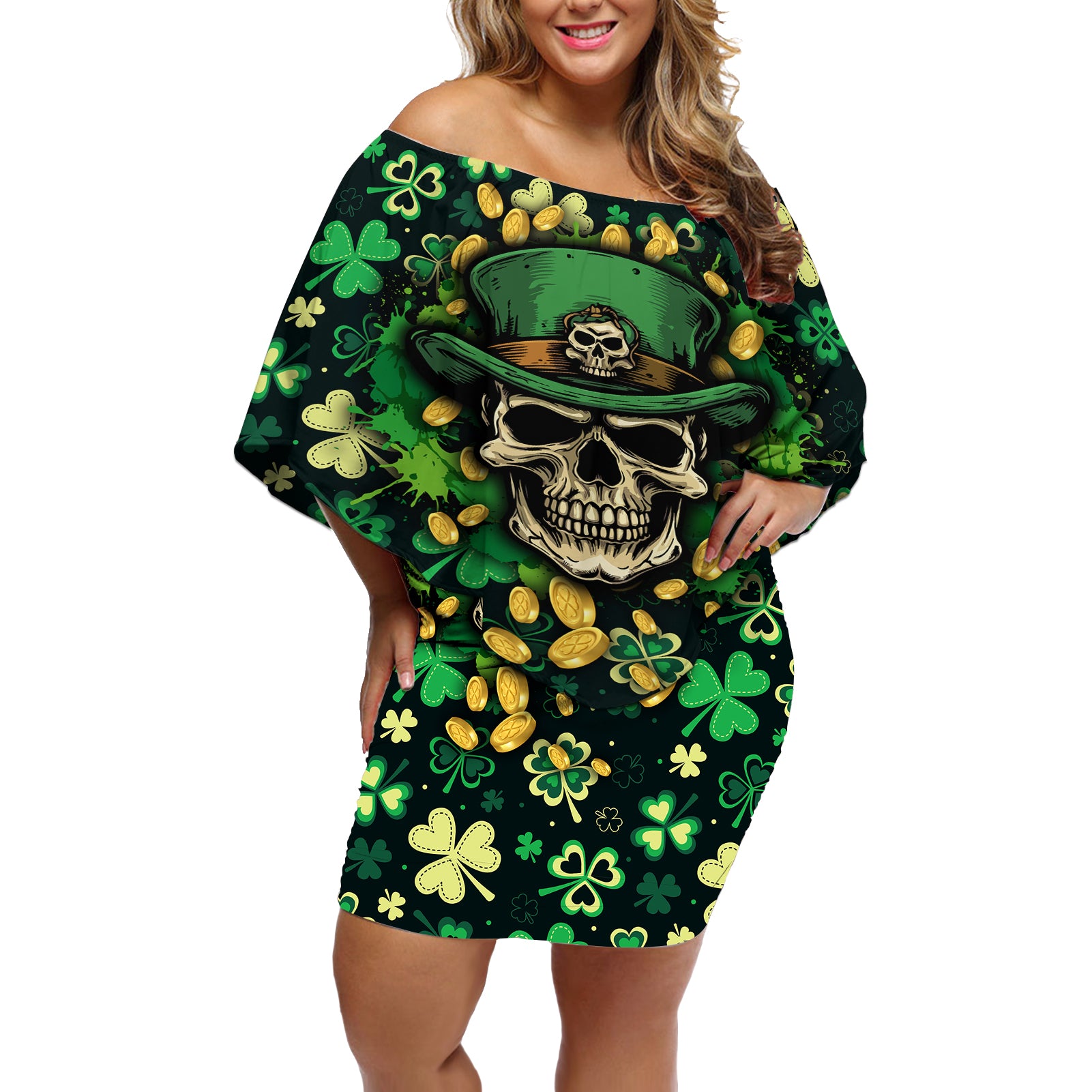 Skull and Shamrock Leaf Pattern Off Shoulder Short Dress Good Luck - Wonder Print Shop