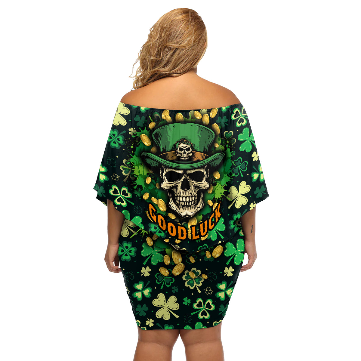 Skull and Shamrock Leaf Pattern Off Shoulder Short Dress Good Luck - Wonder Print Shop
