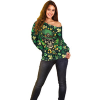 Skull and Shamrock Leaf Pattern Off Shoulder Sweater Good Luck - Wonder Print Shop