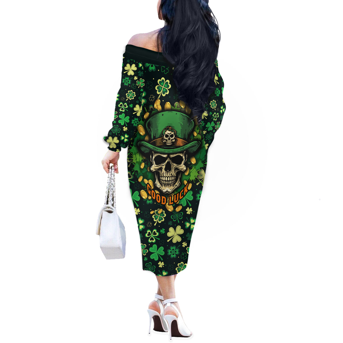 Skull and Shamrock Leaf Pattern Off The Shoulder Long Sleeve Dress Good Luck - Wonder Print Shop