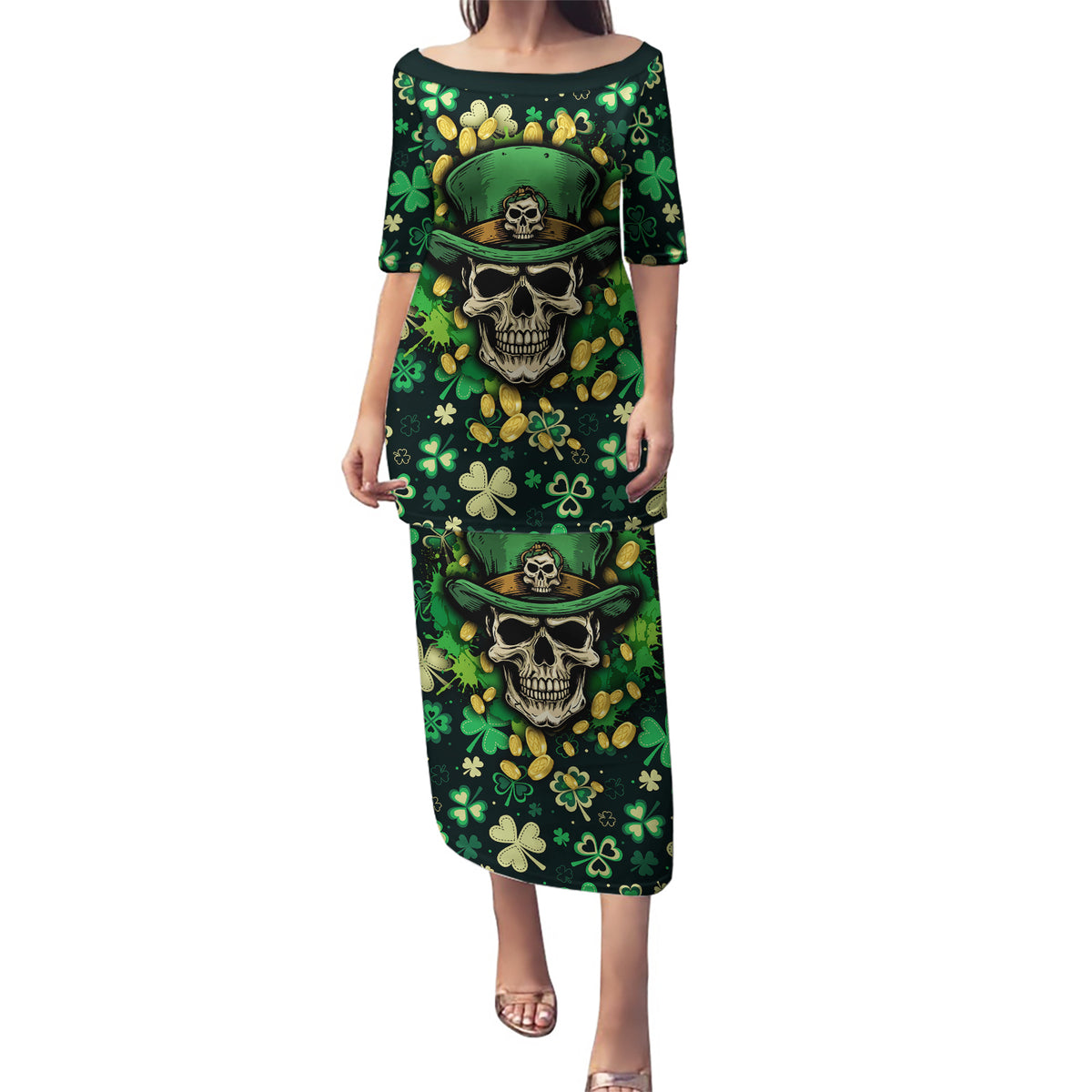 Skull and Shamrock Leaf Pattern Puletasi Good Luck - Wonder Print Shop