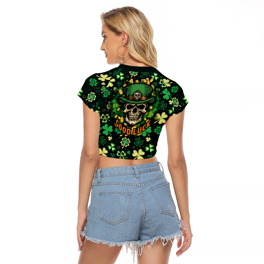 Skull and Shamrock Leaf Pattern Raglan Cropped T Shirt Good Luck - Wonder Print Shop