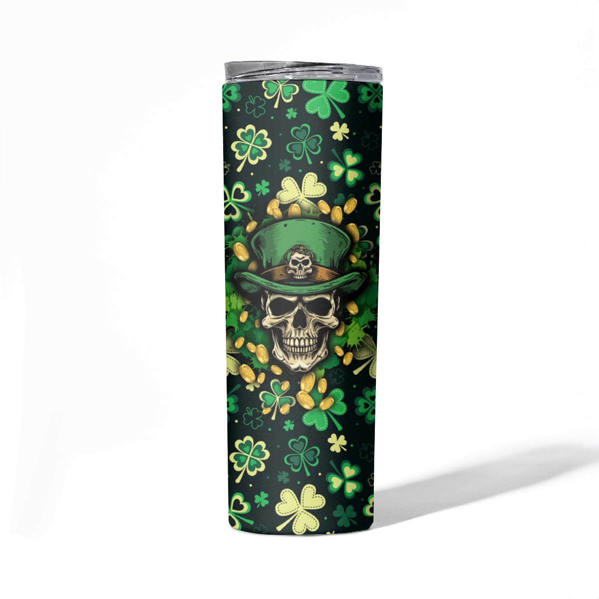 Skull and Shamrock Leaf Pattern Skinny Tumbler Good Luck - Wonder Print Shop