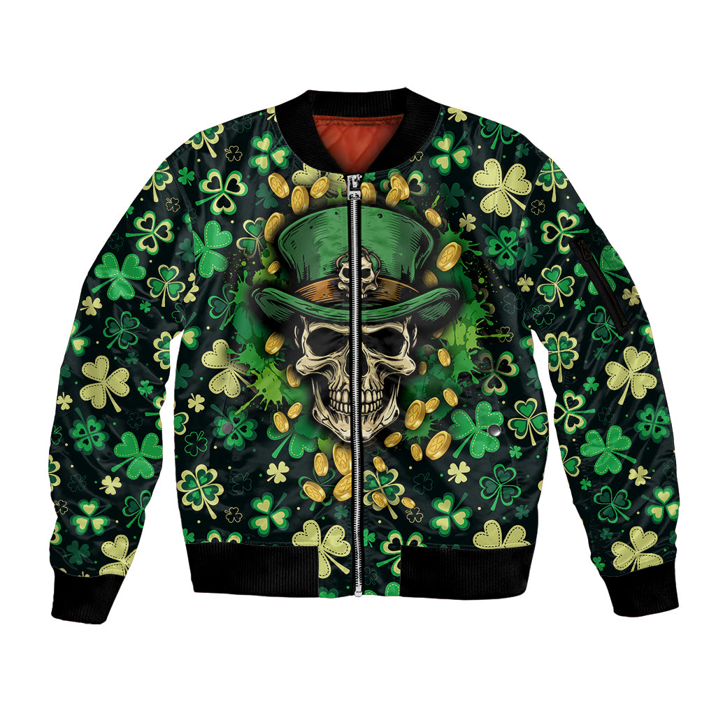 Skull and Shamrock Leaf Pattern Sleeve Zip Bomber Jacket Good Luck - Wonder Print Shop
