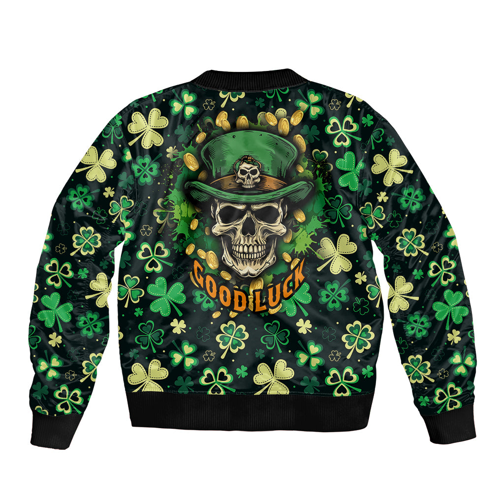 Skull and Shamrock Leaf Pattern Sleeve Zip Bomber Jacket Good Luck - Wonder Print Shop