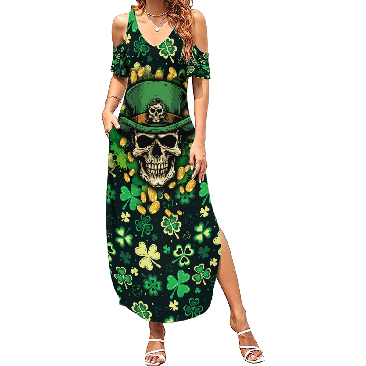 Skull and Shamrock Leaf Pattern Summer Maxi Dress Good Luck - Wonder Print Shop