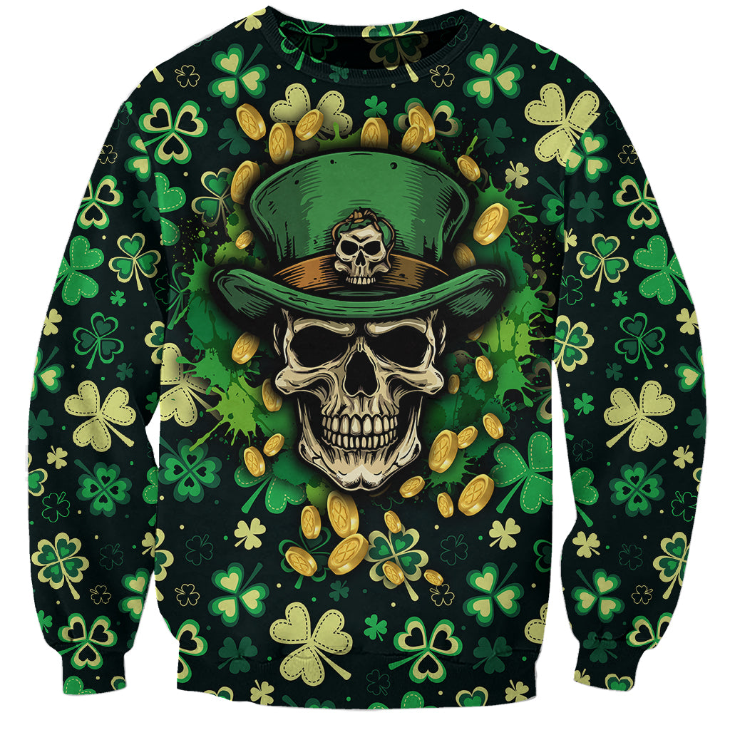 Skull and Shamrock Leaf Pattern Sweatshirt Good Luck - Wonder Print Shop