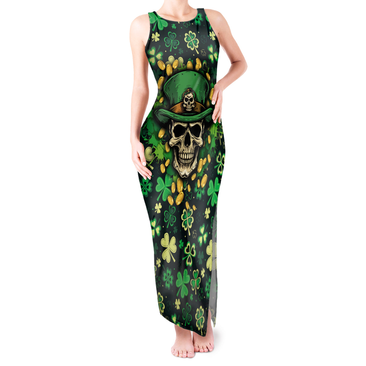 Skull and Shamrock Leaf Pattern Tank Maxi Dress Good Luck - Wonder Print Shop