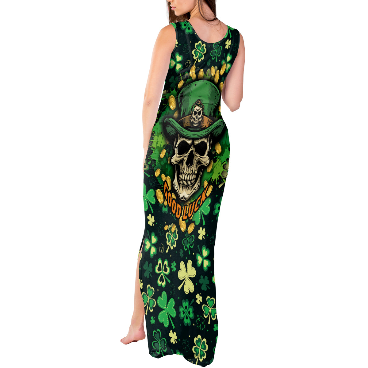 Skull and Shamrock Leaf Pattern Tank Maxi Dress Good Luck - Wonder Print Shop
