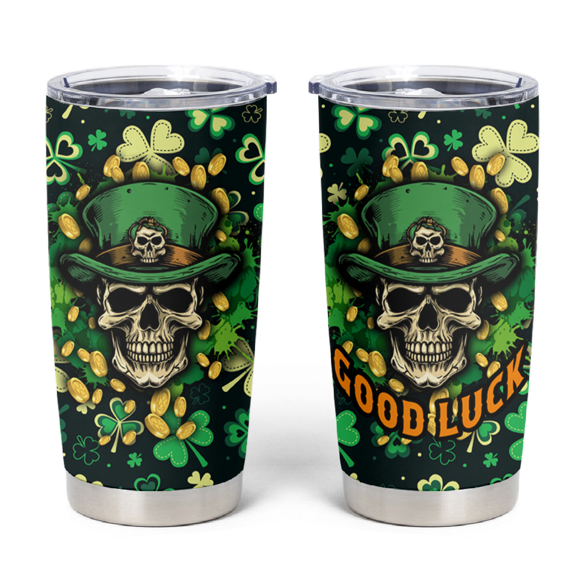 Skull and Shamrock Leaf Pattern Tumbler Cup Good Luck - Wonder Print Shop