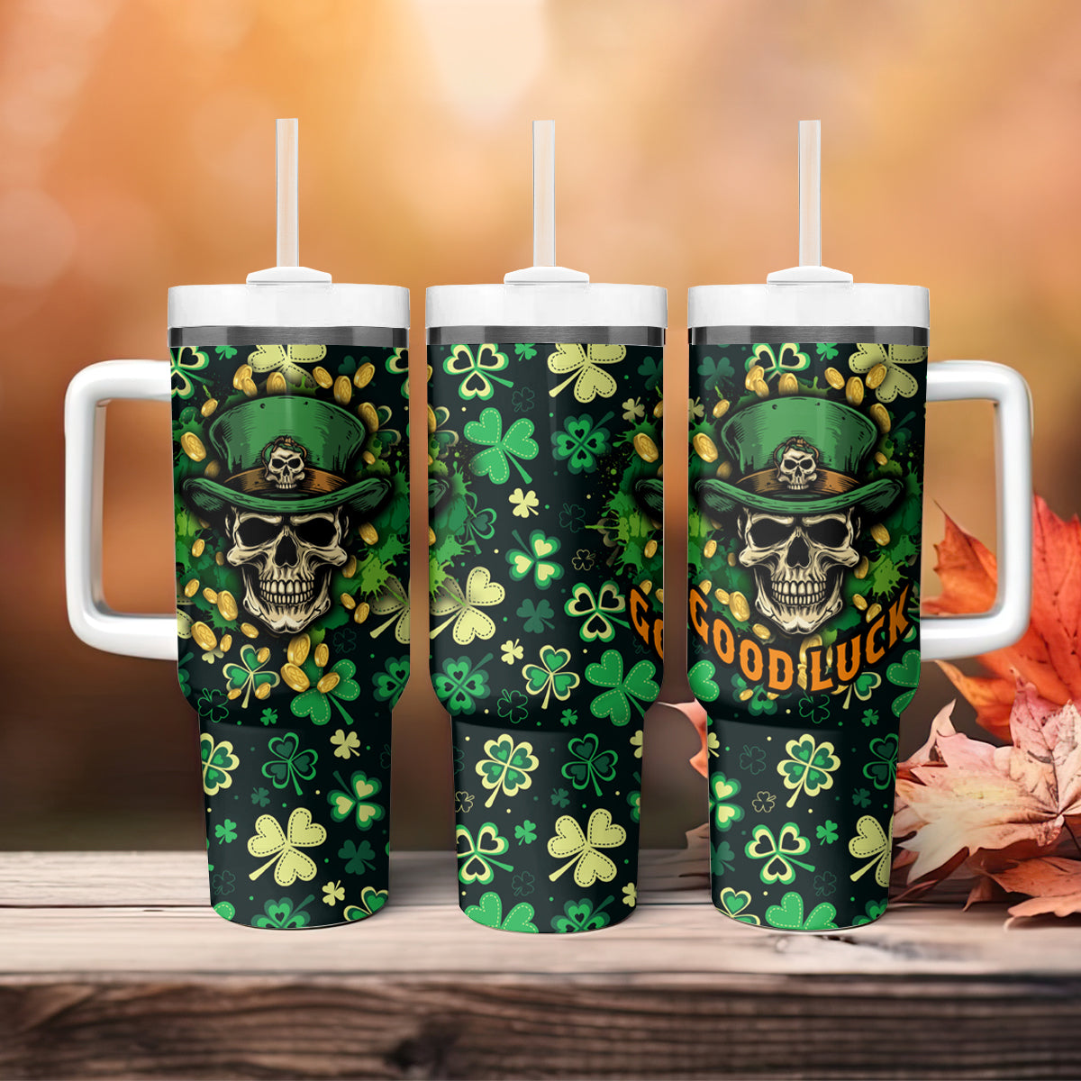 Skull and Shamrock Leaf Pattern Tumbler With Handle Good Luck - Wonder Print Shop