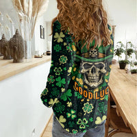 Skull and Shamrock Leaf Pattern Women Casual Shirt Good Luck - Wonder Print Shop