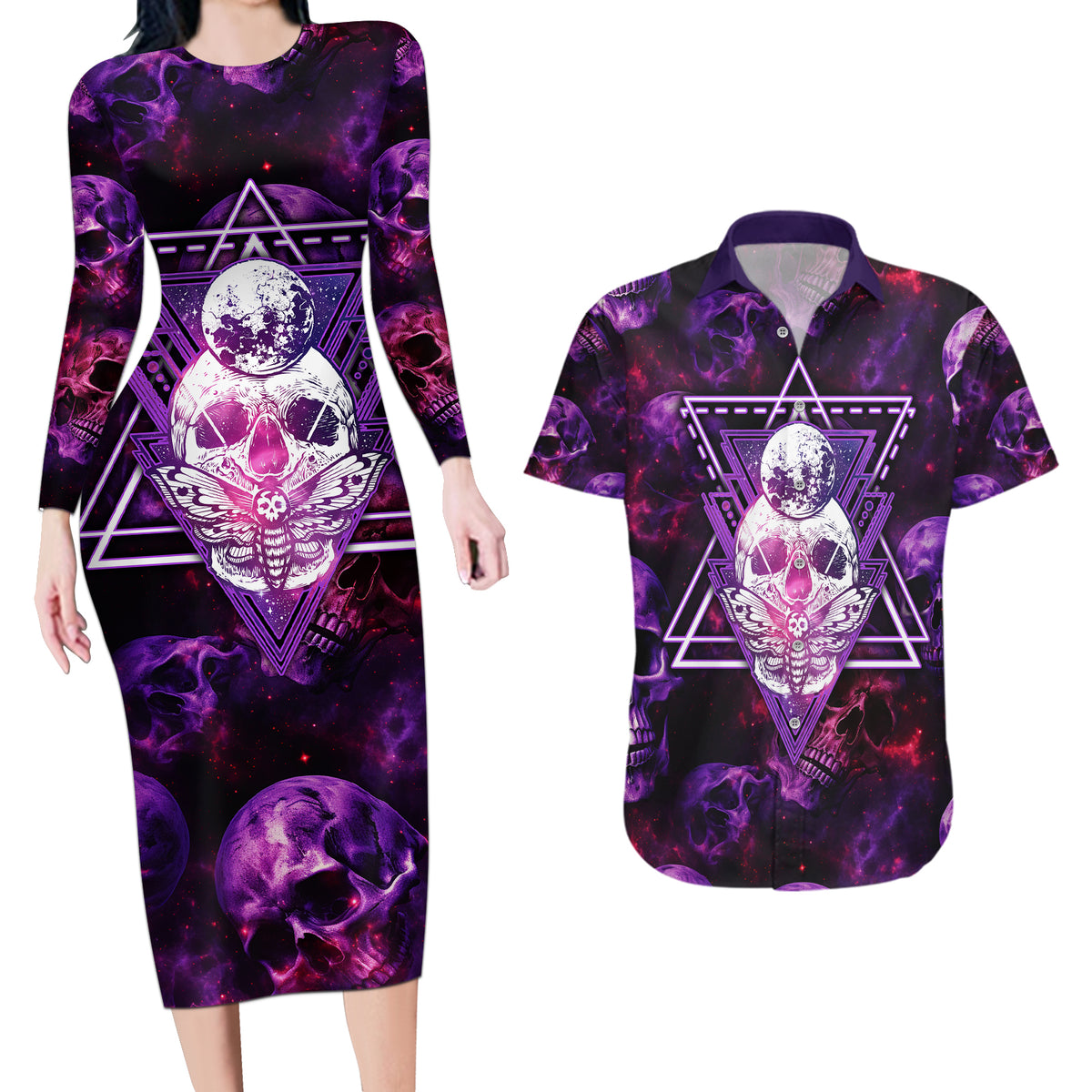 Skull and Moth Couples Matching Long Sleeve Bodycon Dress and Hawaiian Shirt Fantasy Cosmic Abstract - Grunge Purple Art - Wonder Print Shop