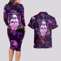 Skull and Moth Couples Matching Long Sleeve Bodycon Dress and Hawaiian Shirt Fantasy Cosmic Abstract - Grunge Purple Art - Wonder Print Shop