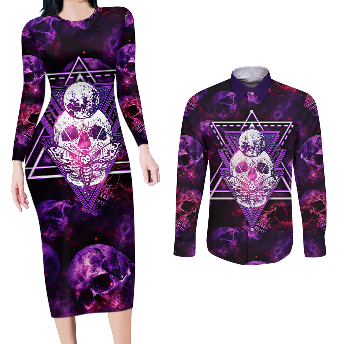Skull and Moth Couples Matching Long Sleeve Bodycon Dress and Long Sleeve Button Shirts Fantasy Cosmic Abstract - Grunge Purple Art - Wonder Print Shop