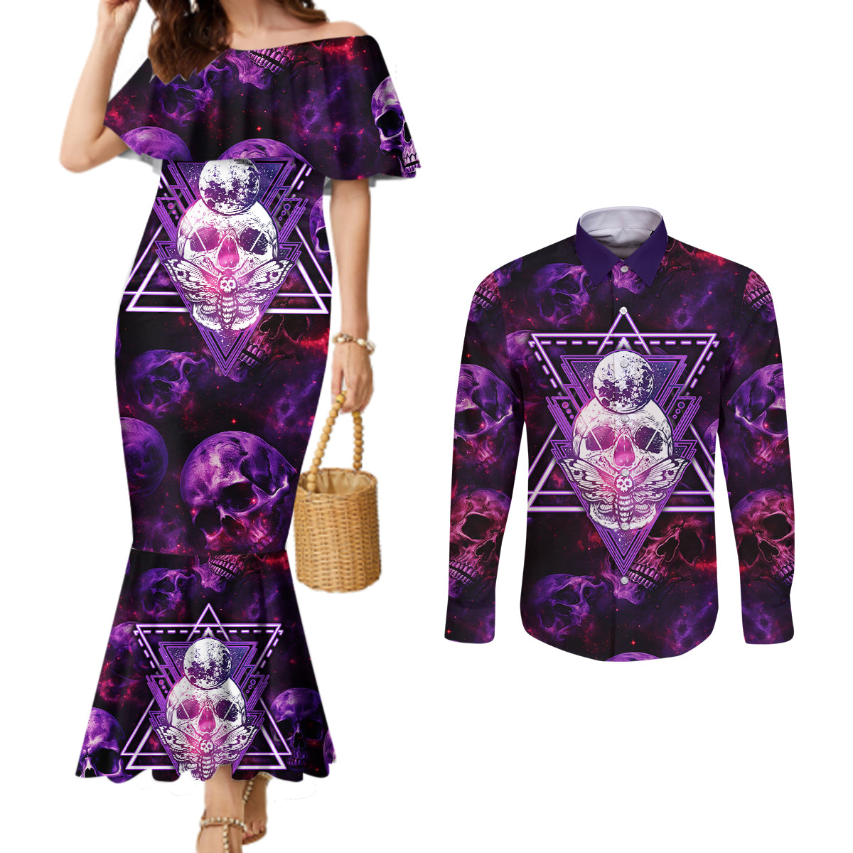 skull-and-moth-couples-matching-mermaid-dress-and-long-sleeve-button-shirts-fantasy-cosmic-abstract-grunge-purple-art