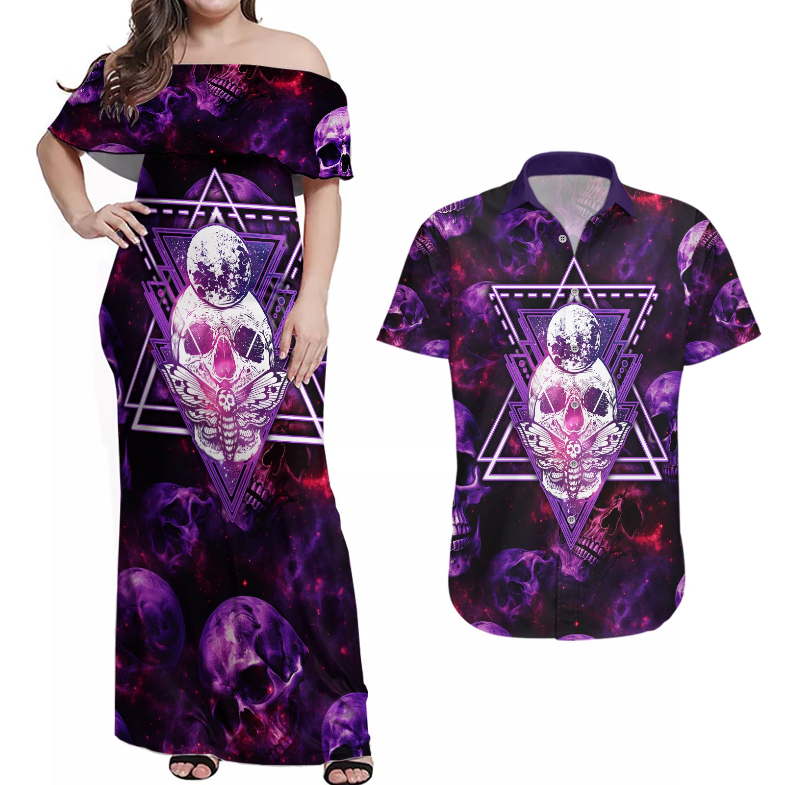 Skull and Moth Couples Matching Off Shoulder Maxi Dress and Hawaiian Shirt Fantasy Cosmic Abstract - Grunge Purple Art - Wonder Print Shop