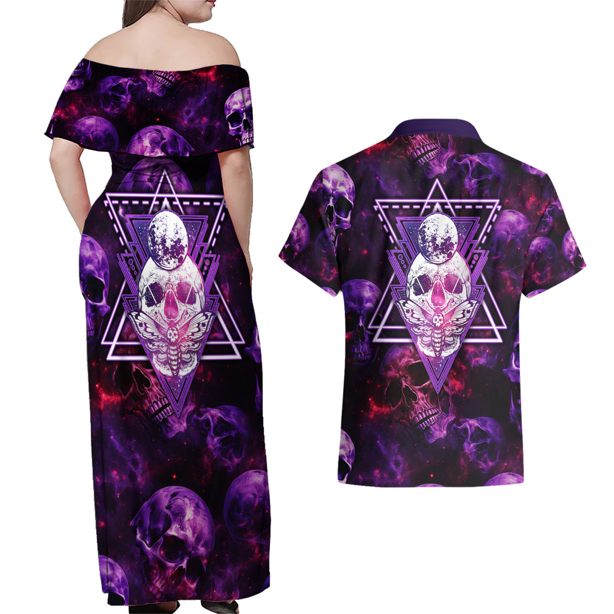 Skull and Moth Couples Matching Off Shoulder Maxi Dress and Hawaiian Shirt Fantasy Cosmic Abstract - Grunge Purple Art - Wonder Print Shop
