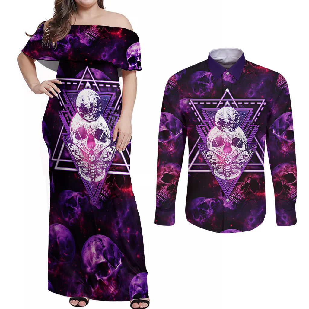 Skull and Moth Couples Matching Off Shoulder Maxi Dress and Long Sleeve Button Shirts Fantasy Cosmic Abstract - Grunge Purple Art - Wonder Print Shop
