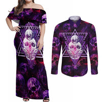 Skull and Moth Couples Matching Off Shoulder Maxi Dress and Long Sleeve Button Shirts Fantasy Cosmic Abstract - Grunge Purple Art - Wonder Print Shop