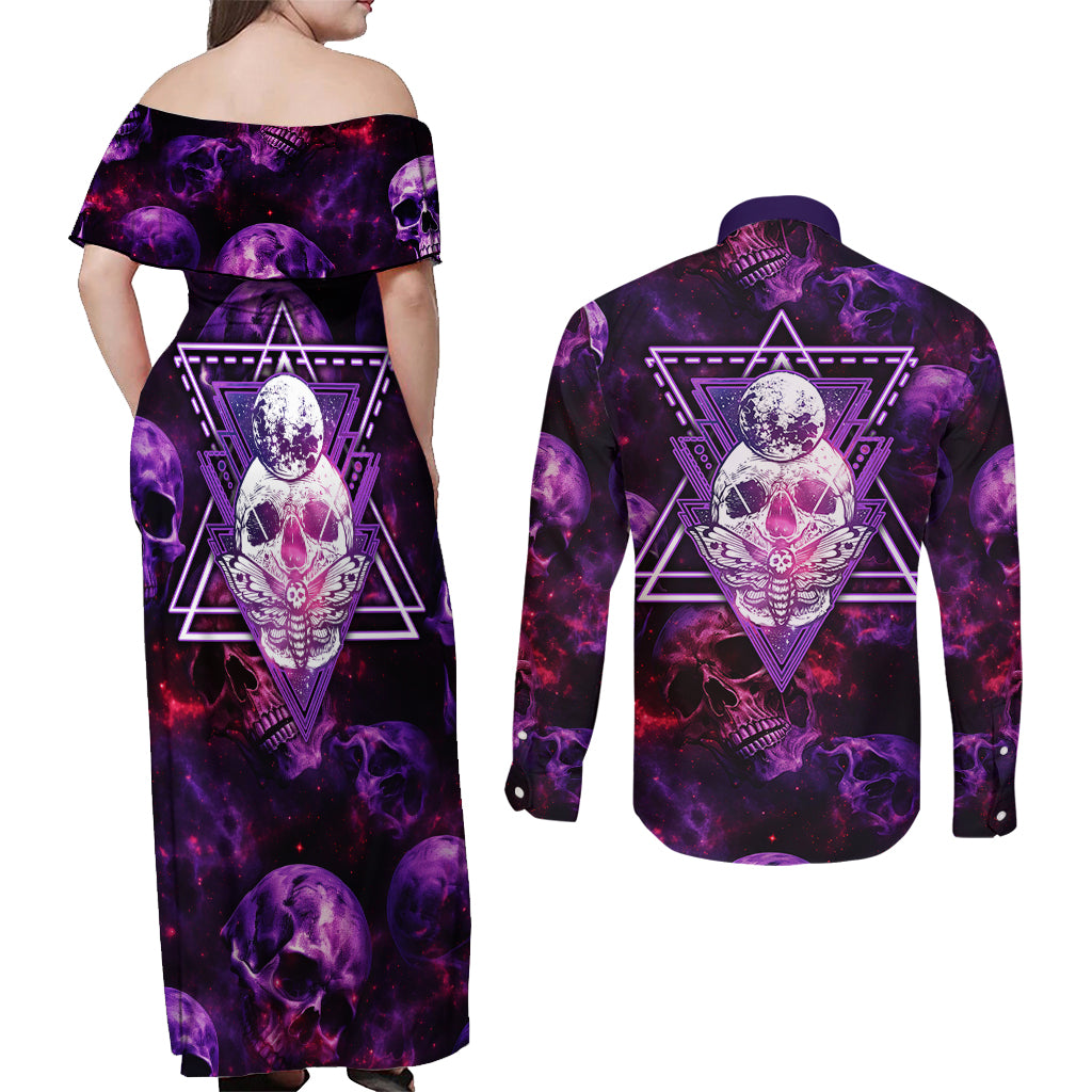Skull and Moth Couples Matching Off Shoulder Maxi Dress and Long Sleeve Button Shirts Fantasy Cosmic Abstract - Grunge Purple Art - Wonder Print Shop