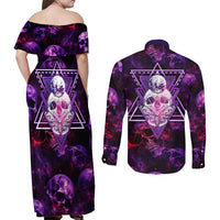 Skull and Moth Couples Matching Off Shoulder Maxi Dress and Long Sleeve Button Shirts Fantasy Cosmic Abstract - Grunge Purple Art - Wonder Print Shop